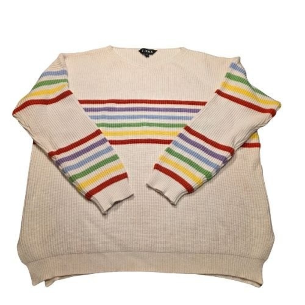 J.NNA Women M Rainbow Stripe Oversized Ribbed Knit Sweater Pullover Retro 90s